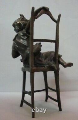 Art Nouveau Style Statue Sculpture Cat Fille Art Déco Style Bronze Signé
