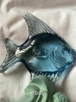 Bermondsey Blue Glass Fish Art Deco Waves Signé Guy Underwood 1933 Paperweight