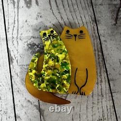 Broche signée Marie-Christine Pavone, Double Chat Jaune Art Déco en Galalithe