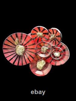 Broche vintage MARNI rouge à rayures en résine pyrite de style Art Déco signée