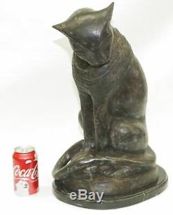 Bronze Art Déco Sculpture En Marbre Égyptien Cat Base Statue Grand Décor