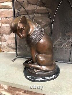 Bronze Cat Large Sculpture Avec Base En Marbre