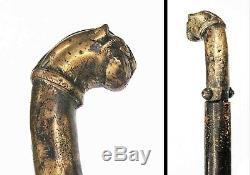 C1870-90 Figural Bronze Cat / Tiger Tete De Canne Poignée Stick Withbrass Conseil Walking