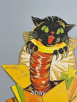 Carte de place vintage Art Deco Halloween inutilisée Hallmark Black Cat & JOL