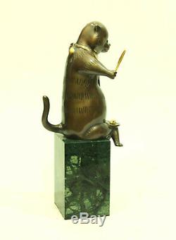 Cat Bronze Sculpture De L'auteur Piédestal Livraison Gratuite Vert Pierre Taille 13.7