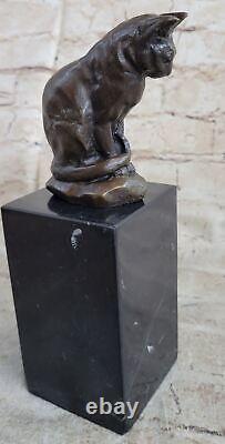 Chat Mignon Assis Bronze Sculture Figurine Art Deco Marble Base Statue Art