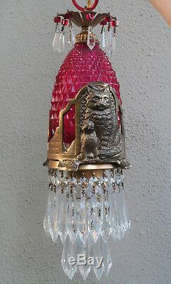 Chat Swag Lampe Chandelier Lustre Tole En Laiton Verre Rubis Perle De Cristal Epoque Art Deco Époque