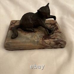 Chat et Souris Antiques en Bronze sur Socle en Marbre 4.5 X 3