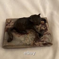 Chat et Souris Antiques en Bronze sur Socle en Marbre 4.5 X 3