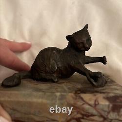 Chat et Souris Antiques en Bronze sur Socle en Marbre 4.5 X 3