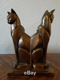Couleur Vintage Bronze Art Déco Cubiste Égyptien Chat Siamois Bookends Frankart Era