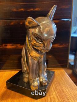 Cubist Deco Cat Sculpture Silvered Original Vintage Argenté-bronze Ou Chrome