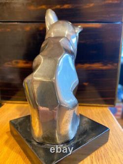 Cubist Deco Cat Sculpture Silvered Original Vintage Argenté-bronze Ou Chrome