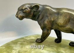 Déco Autriche Peinture Froide Statue Bronze Lionne Panther Cat Green Onyx Plateau Plat