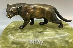 Déco Autriche Peinture Froide Statue Bronze Lionne Panther Cat Green Onyx Plateau Plat