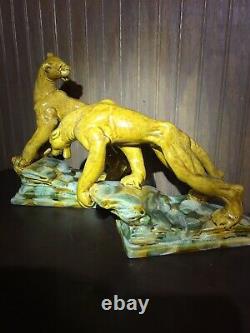 Dernière Chance Lot De 2 Statues Vintage Amber Royal Haeger Tiger Lion Big Cat