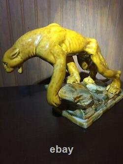 Dernière Chance Lot De 2 Statues Vintage Amber Royal Haeger Tiger Lion Big Cat