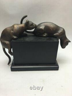 Dolbi Caissier Brass Paire Chats 1992 Figurine Art Déco Corée Cougar Animal