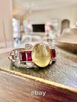 Domaine Antique Art Deco Cat's Eye Chrysoberyl Ruby Diamond Tri-gold Chain Ring