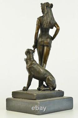 Egypte Nue Reine Cléopâtre Et Big Cat Bronze Art Déco/nouvelle Sculpture Statue