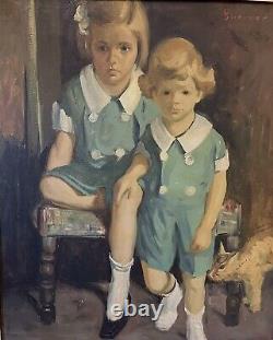 Elmer Spenner-deux Enfants Avec Chat, 1935 Hoosier Salon Exhibition, Indiana/ca Artiste