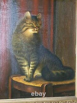 Emmenegger Peinture À L’huile 1932 Magnifique Cadre ° Chat Sur Une Chaise Antique