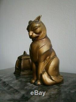 Encrier Cat Antique Art Déco Marbre Et De Bureau En Métal 1930 Félin Animal