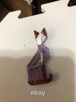 Épingle à nourrice rare en forme de chaton violet de style art déco de Lea Stein en celluloïd laminé