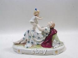 Figurine antique Herlena Dresde Allemagne Mère avec enfant et chat Peinte à la main