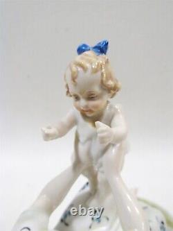 Figurine antique Herlena Dresde Allemagne Mère avec enfant et chat Peinte à la main