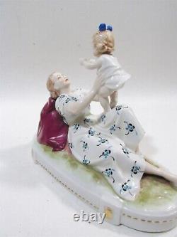 Figurine antique Herlena Dresde Allemagne Mère avec enfant et chat Peinte à la main