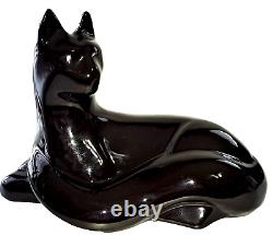 Figurine de chat noir à dossier inclinable Haeger en ébène - Grande statue en poterie d'art brillante