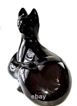 Figurine de chat noir à dossier inclinable Haeger en ébène - Grande statue en poterie d'art brillante