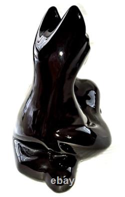 Figurine de chat noir à dossier inclinable Haeger en ébène - Grande statue en poterie d'art brillante