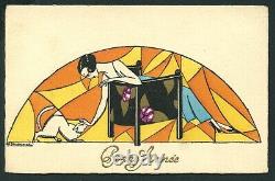 Français Des Années 1920 3 Art Deco Designs Mode Hand Applied Watercolors Chat Dog Vasta