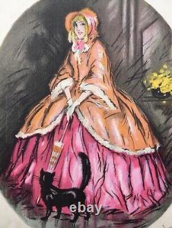 Gravure Antique Art Déco Marcel Bloch Portrait Femme Robe Mode Chat