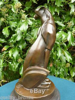 Guépard Art Déco, Statue En Bronze Signée Figure Chat Cubiste Sculpture Coulée À Chaud