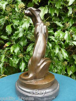 Guépard Art Déco, Statue En Bronze Signée Figure Chat Cubiste Sculpture Coulée À Chaud