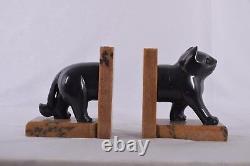 Hand Carved Stone Cat Bookend Noir Et Couleur Naturelle Combinaison De Bureau Décor
