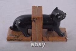 Hand Carved Stone Cat Bookend Noir Et Couleur Naturelle Combinaison De Bureau Décor