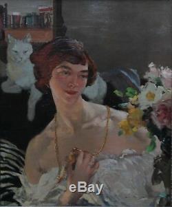Helen Mackenzie Art Déco Écossaise Portrait Femme Chat Peinture À L'huile Art 1888-1966