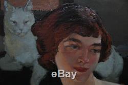 Helen Mackenzie Art Écossais Déco Portrait Femme Cat Peinture À L'huile Art 1888-1966