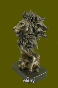 Homme Africain Lion Head Cat Sculpture En Bronze Buste Signée Art Déco Marbre Figurine