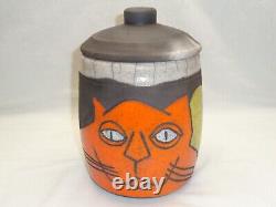 Jarre lunaire en céramique incisée de chat, style Cool Funky Pop Folk Art Déco de Bill Billy Ray Mangham