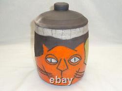 Jarre lunaire en céramique incisée de chat, style Cool Funky Pop Folk Art Déco de Bill Billy Ray Mangham