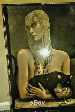 Jmw Chrzanoska Lithographies Art Déco Femme Avec Chat Noir Encadrée