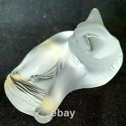 Lalique France Frosted Crystal Cat Cleaning Himself Paperweight Figurine