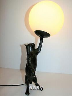 Lampe De Table Vintage Art Déco Cast Bronze Cat Jouant Avec Boule De Travail Pat Testé