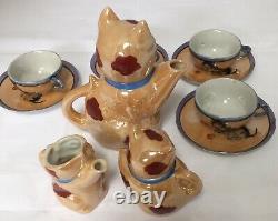 Lustreware Japon Art Déco Cat Tea Set Enfants 4 Tasses Soucoupes Teapot Creamer