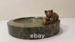 Marbre De Poche Vide Cendrier Orné D’un Cat Bronze Art Déco